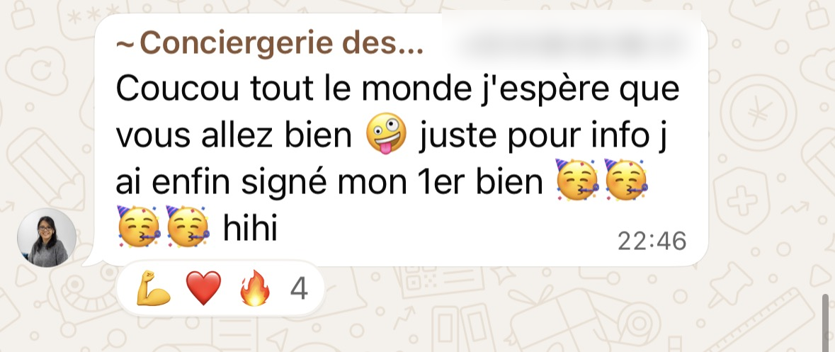 Message d'une membre dans le groupe privé : elle a enfin signé son premier bien en gestion.